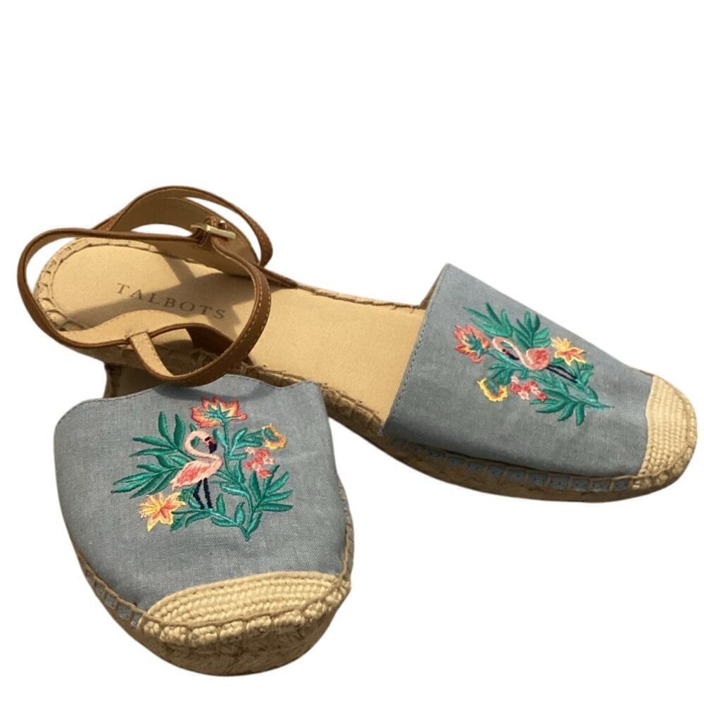 Talbots Womens Espadrille Sandals Size 9.5 Blue Pink Flamingo Embroidered Beachy